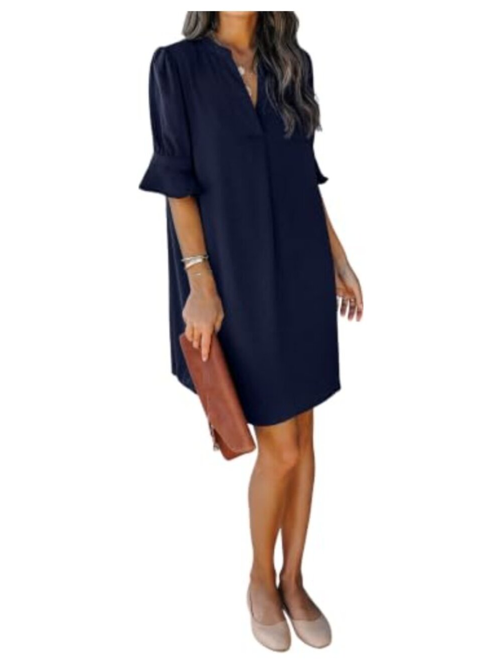 Women's V Neck Ruffle Short Sleeve Shift Dress Polyester Casual Summer Midi